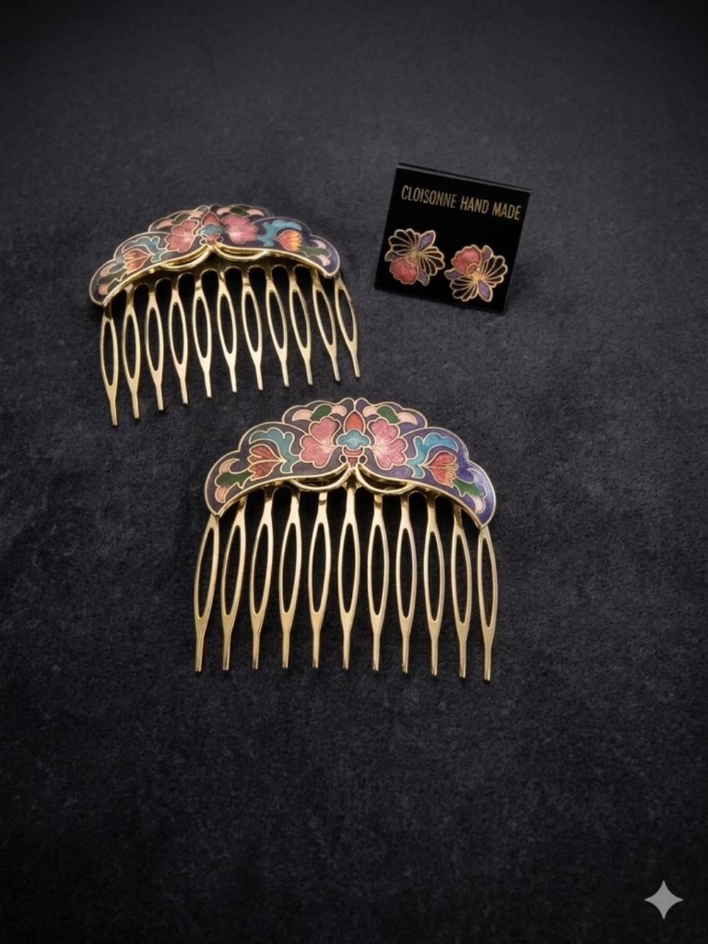 Cloisonné Floral Vintage Gold Hair Comb - and Earrings Decorative Set